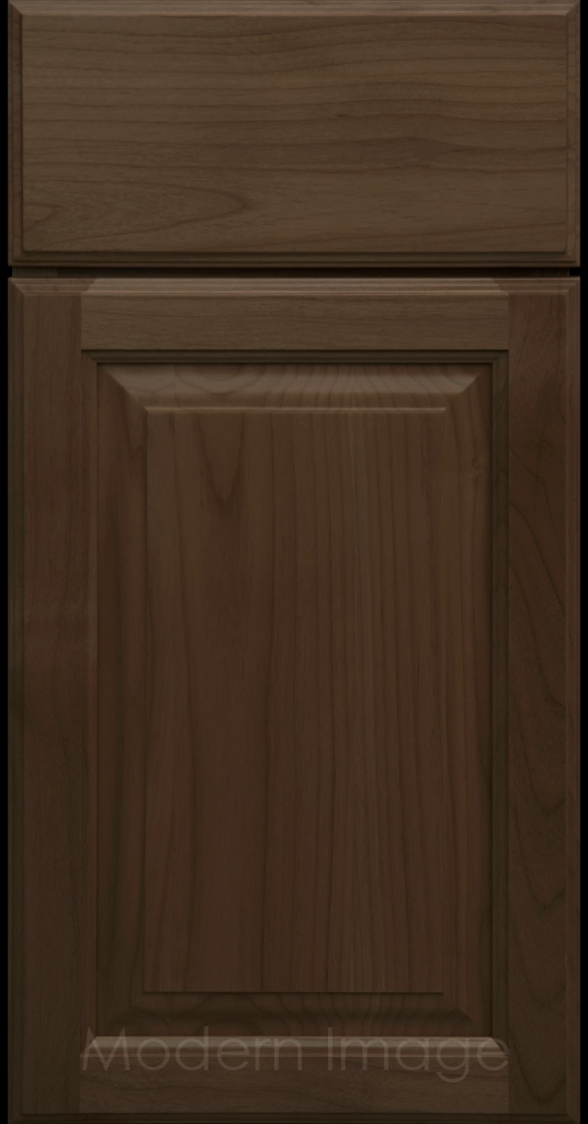 Driftwood stained Hampton raised panel kitchen cabinets with flat slab drawer fronts.